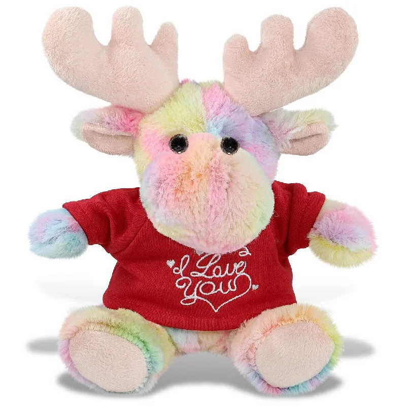 DolliBu I LOVE YOU Cute Rainbow Moose Plush with Red Shirt - 9 inches