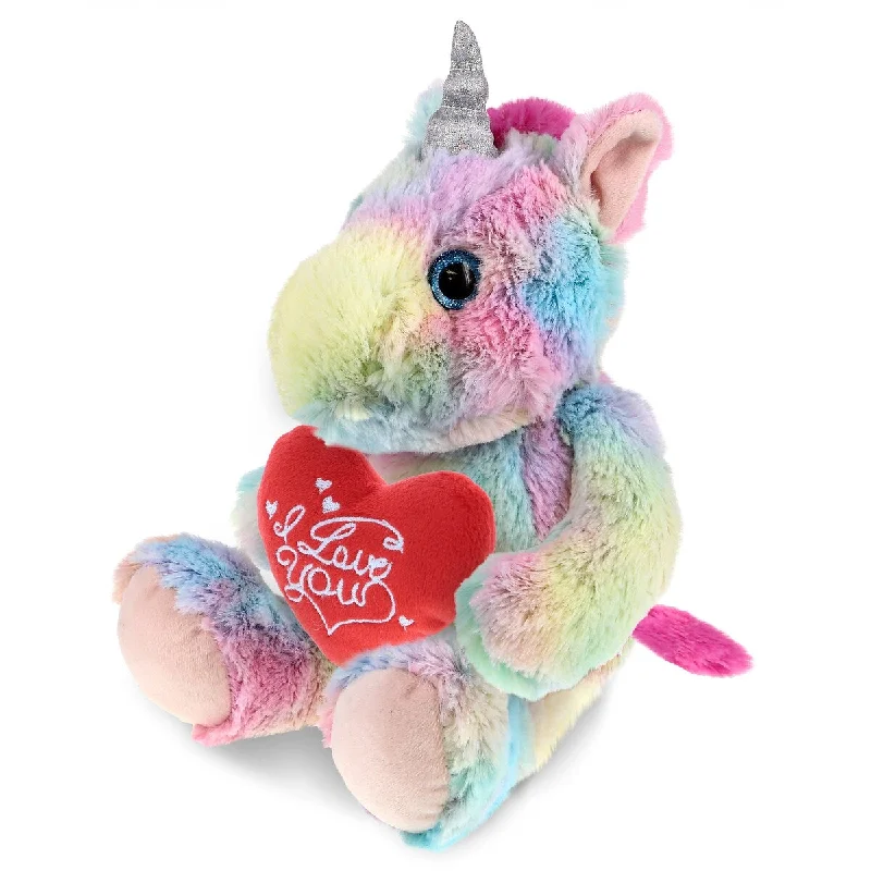 DolliBu I LOVE YOU Plush Cute Sitting Rainbow Unicorn with Red Heart - 10 inches