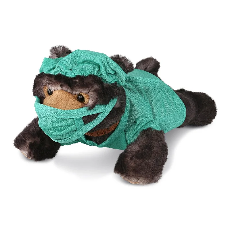 DolliBu Lying Wild Black Bear Doctor Plush with Scrub Uniform and Cap - 10 inches