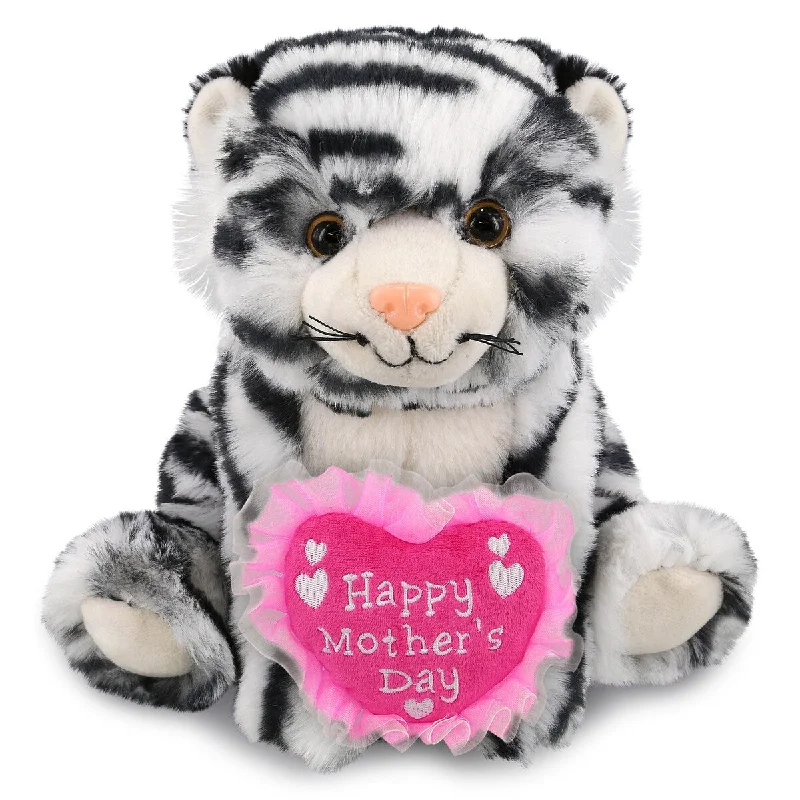 DolliBu Mothers Day Super Soft Plush Squat White Tiger with Pink Heart - 8 inches