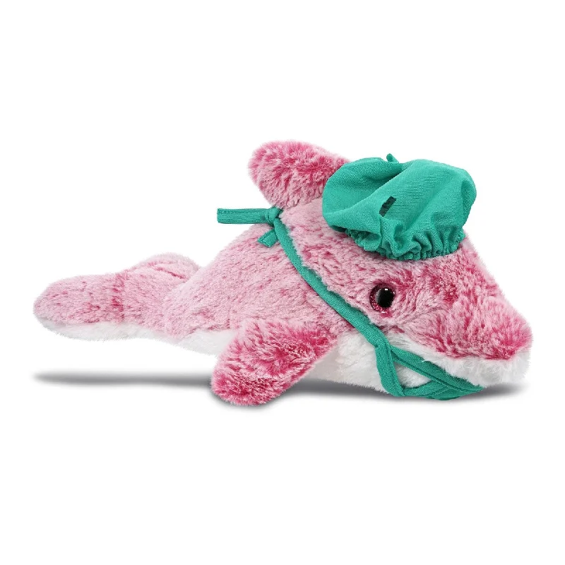 DolliBu Pink Dolphin Doctor Plush with Cute Scrub Uniform & Cap Outfit - 14 inches