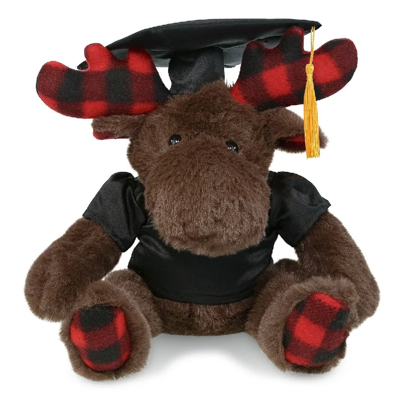 DolliBu Plaid Brown Moose Graduation Plush Toy with Gown and Cap - 10 inches