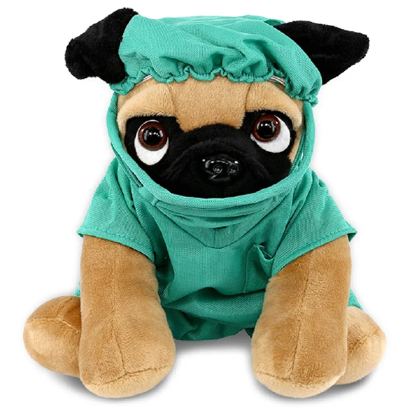 DolliBu Pug Dog Doctor Plush with Cute Scrub Uniform and Cap Outfit - 8 inches