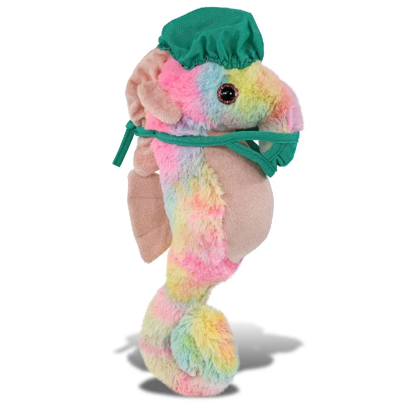 DolliBu Rainbow Seahorse Doctor Plush Toy with Scrub Uniform and Cap - 15 inches