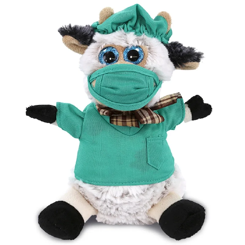 DolliBu Sitting Cow Doctor Plush with Cute Scrub Uniform & Cap Outfit - 7 inches