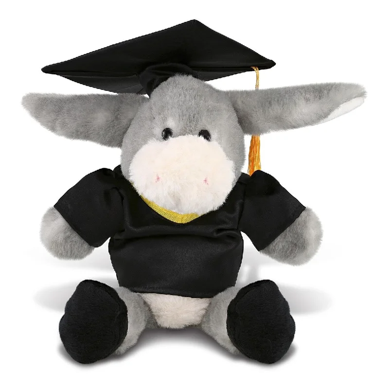 DolliBu Sitting Grey Donkey Graduation Plush Toy with Gown and Cap - 9 inches