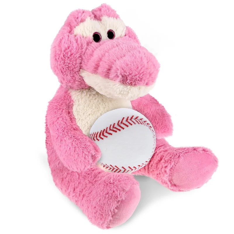 DolliBu Sitting Pink Alligator Stuffed Animal with Baseball Plush - 10 inches