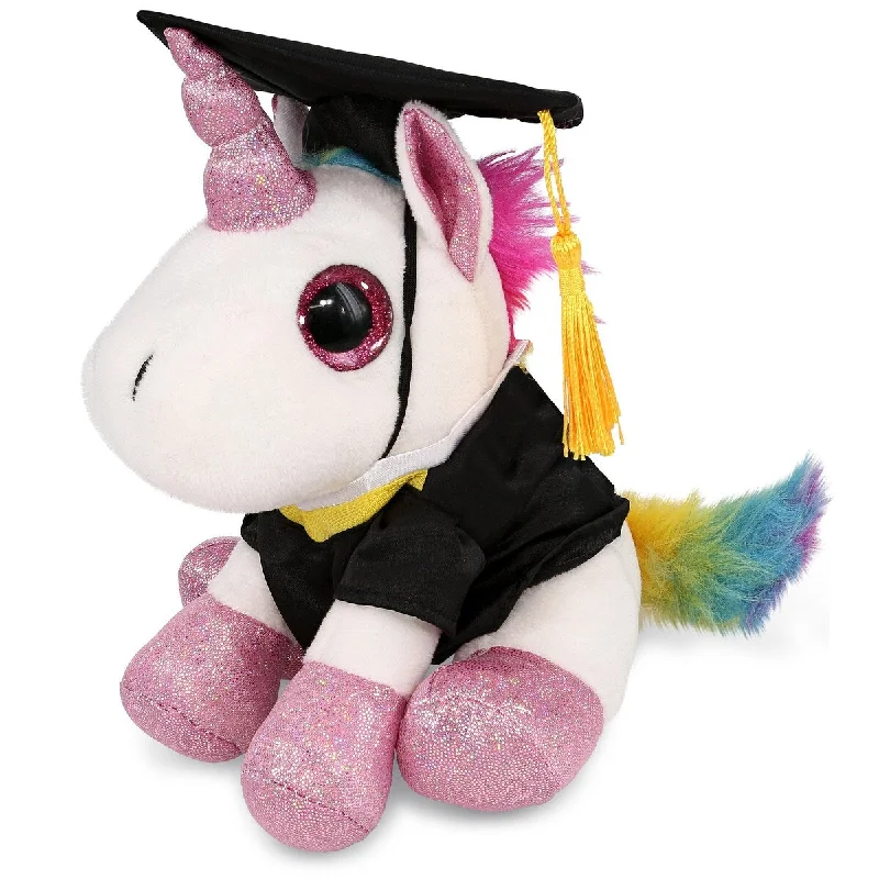 DolliBu Sparkle Eyes White Unicorn Graduation Plush with Gown and Cap - 8 inches