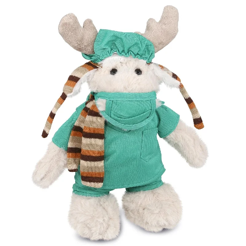 DolliBu Standing Moose Doctor Plush Toy w/ Cute Scrub Uniform and Cap - 13.5 inches