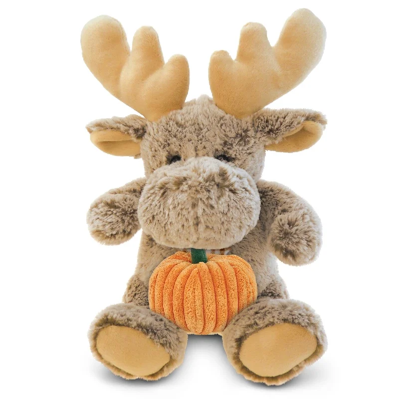 DolliBu Super Soft Sitting Moose Stuffed Animal with Pumpkin Decor - 11 inches