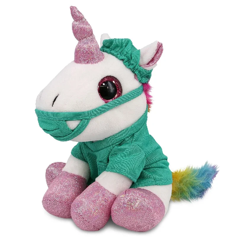 DolliBu White Unicorn Sparkle Eyes Doctor Plush with Uniform and Cap - 8 inches