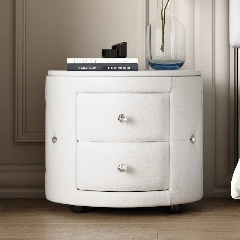 Elegant Nightstand with 2 Drawers and Crystal Handle, PU Upholstered Storage Bedside Table with Crystal Design