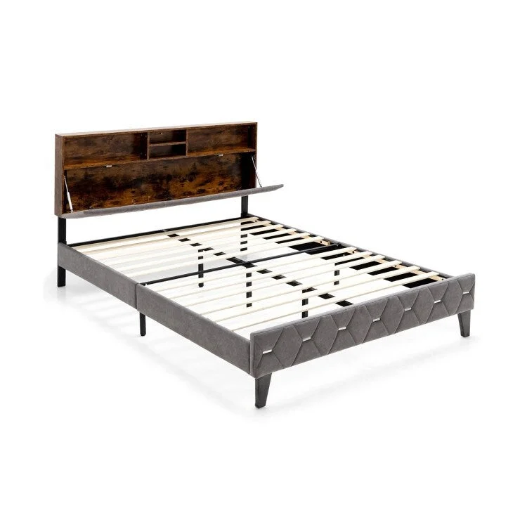 Full/Queen Size Upholstered Bed Frame with Storage Headboard