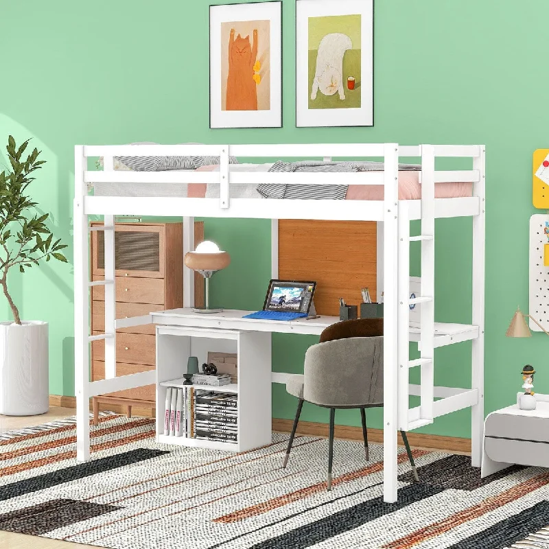 Full Size Loft Bed with Built-in Desk and Writing Board,Wood Loft Bed with Drawers Cabinet and 2 Ladders for Kids Teens Adults