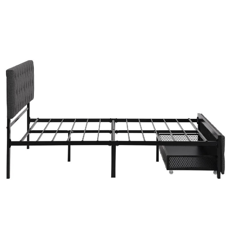 Full Size Metal Frame Upholstered Platform Bed with 1 Footside Drawer