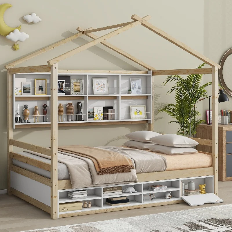 Full Size Wooden House-Shaped Platform Bed with Storage Shelves