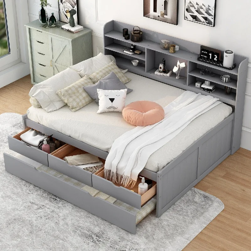 Grey Full Size Captain's Bed with Built-in Bookshelves