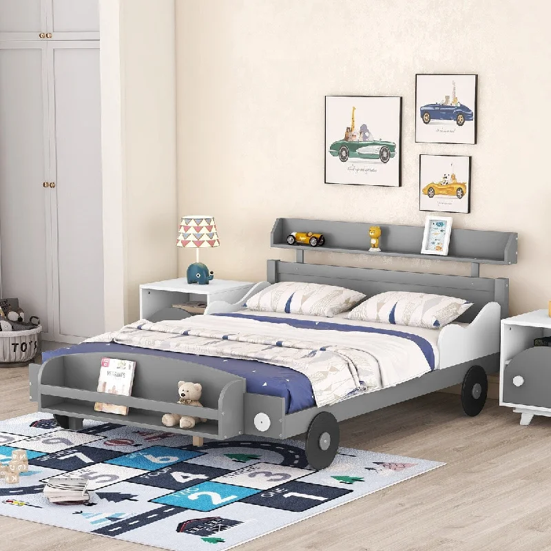 Grey Full Size/ Car-Shaped Platform Bed, with Storage Shelf and Headboard