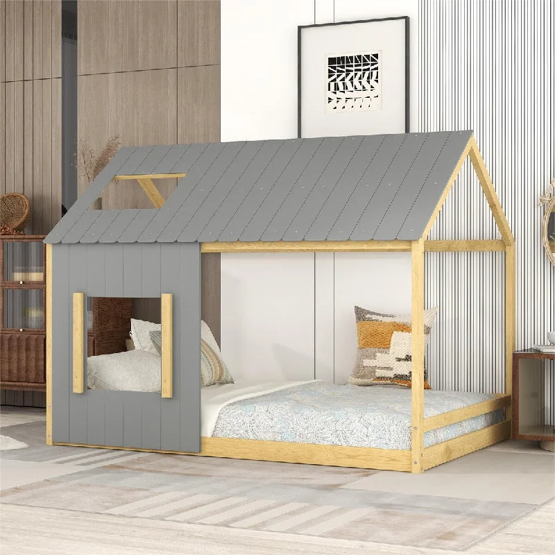 Grey Full Size House Bed with Roof and Window