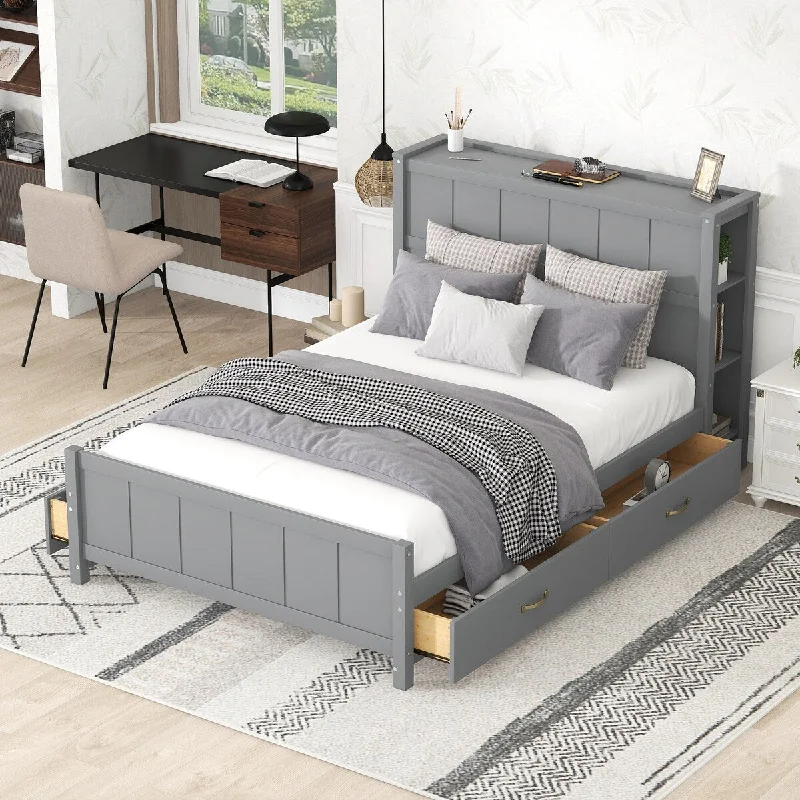 Grey Full Size Platform Bed with Shelves and Drawers