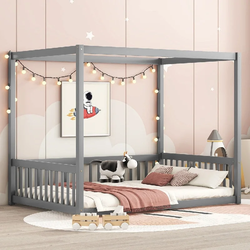 Grey Full Size Solid Wood Canopy Bed with Fence and Guardrails