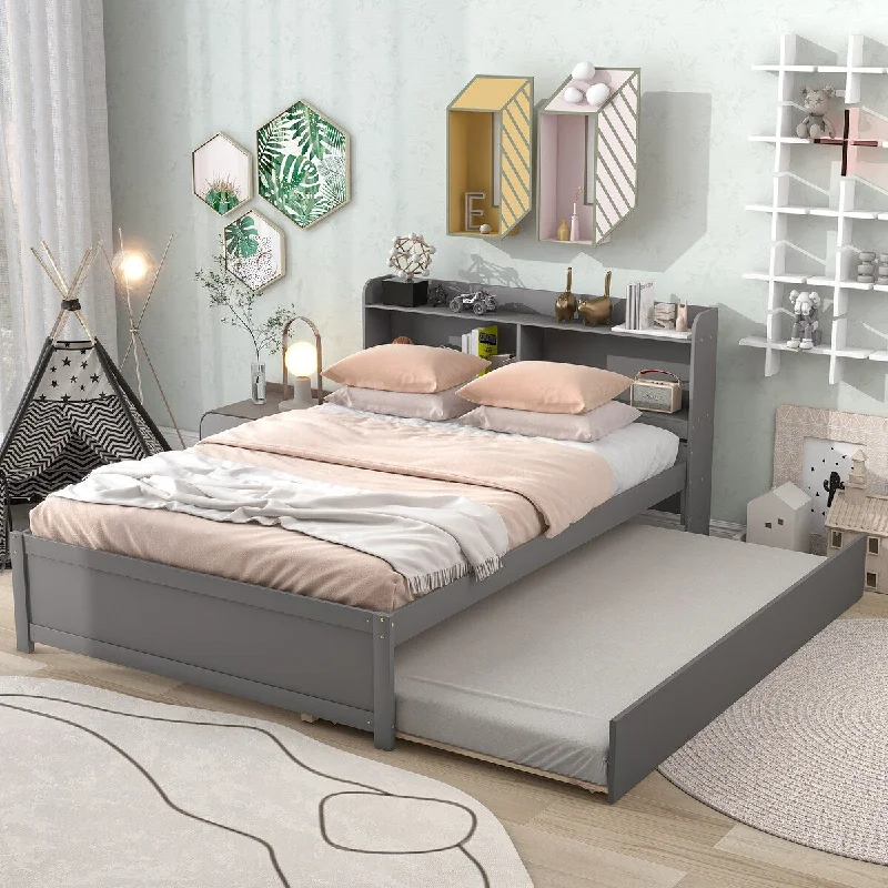 Grey Full Size Solid Wood Platform Bed with Twin Trundle and Storage Headboard