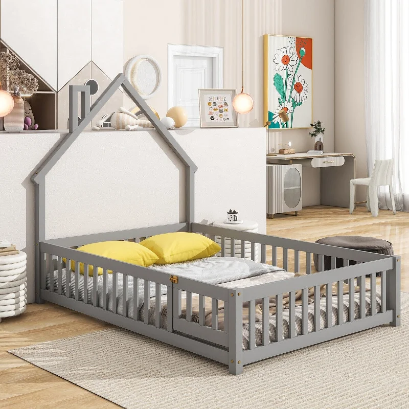 Grey Full Size Wood Floor Bed with Fence