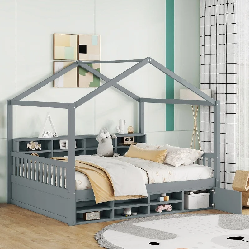 Grey Full Size Wooden House Bed with Shelves and Mini-Cabinet - /