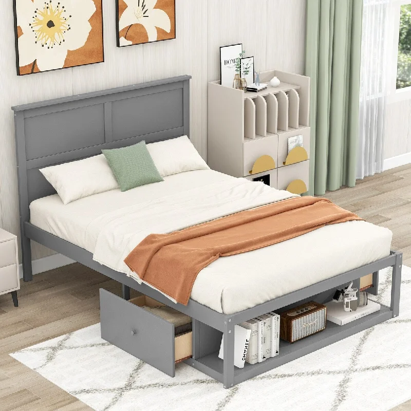 Grey Full SizeModern Platform Bed with Drawer on the Each Side and Shelf on the End of the Bed, /