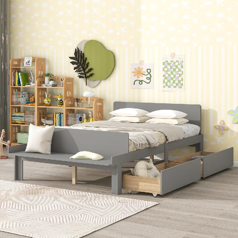 Grey Full SizeSolid Wood / Kids Storage Bed with Footboard Bench, Elegant /