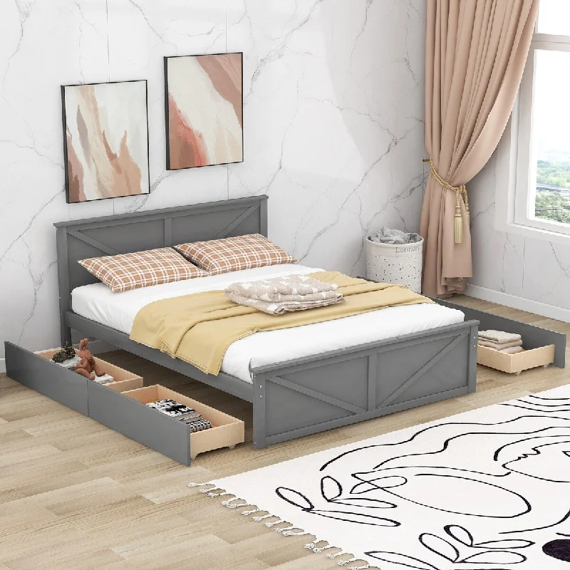 Grey Queen Size Wooden Platform Bed with Storage