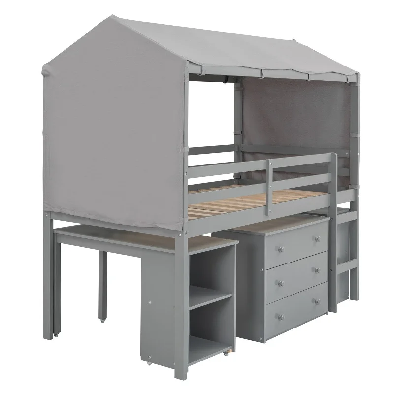 Grey Twin Size Loft Bed with Mobile Cabinet, Shelf, and Playful Tent