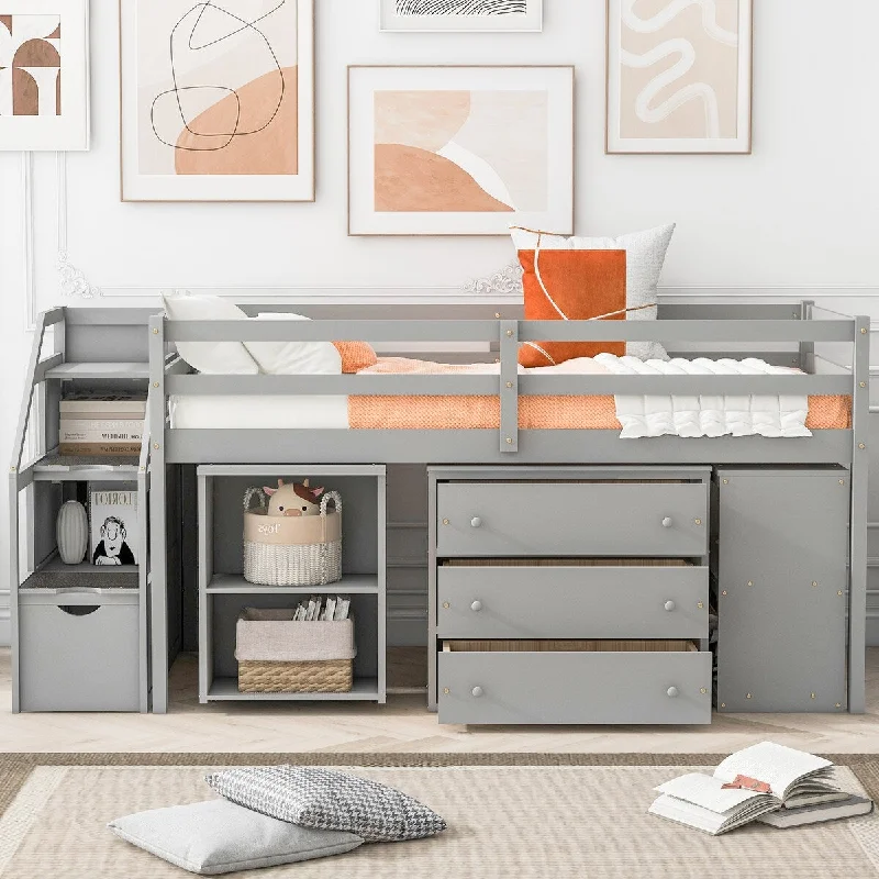 Grey Twin Size Loft Bed with Retractable Writing Desk and 3 Drawers - Three Color Options