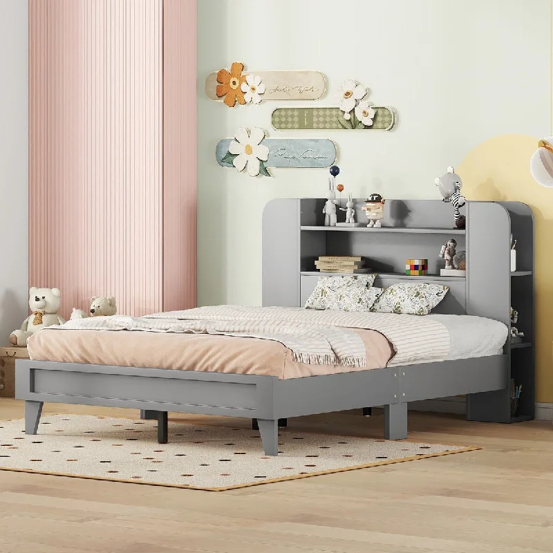 Grey Twin Size/ Platform Bed with Storage Headboard, / Finish, Durable Particle Board Construction, for teenagers.