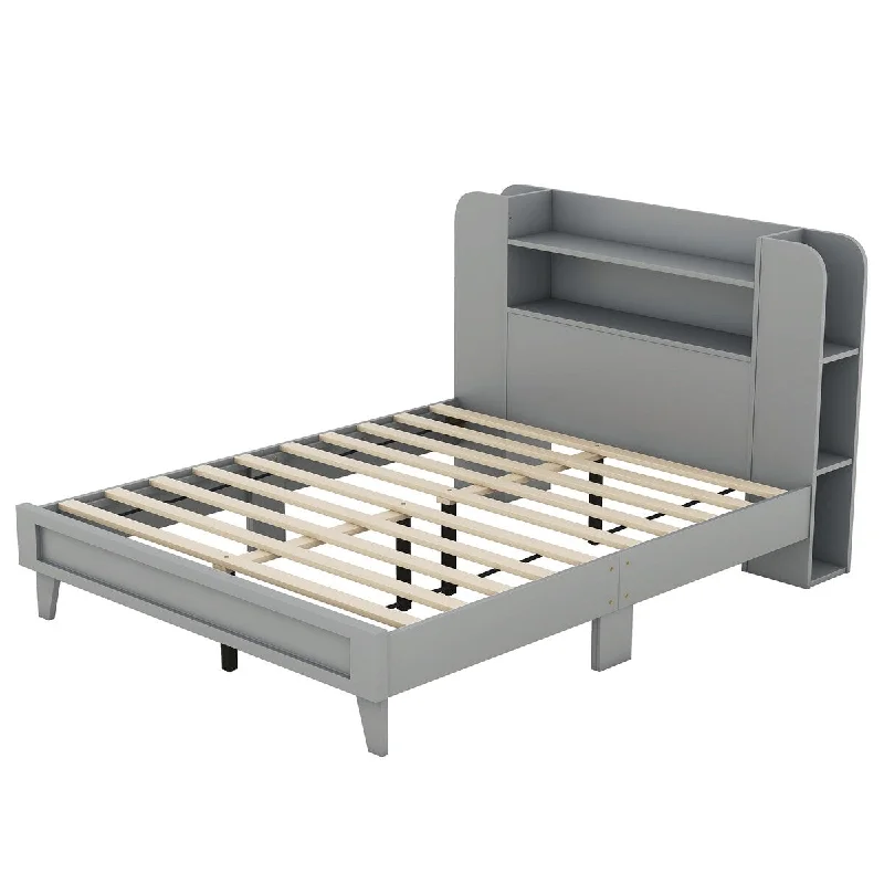 Grey Twin Size Platform Bed with Storage Headboard,Size Constructed from Durable Particle Board, Suitable for Teenagers