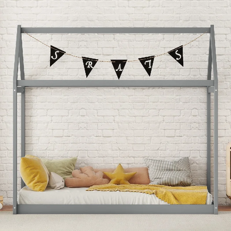 Grey Twin Size Solid Wood House Bed