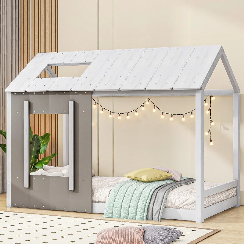 Grey Twin Size Wood House Bed with Charming Roof Design