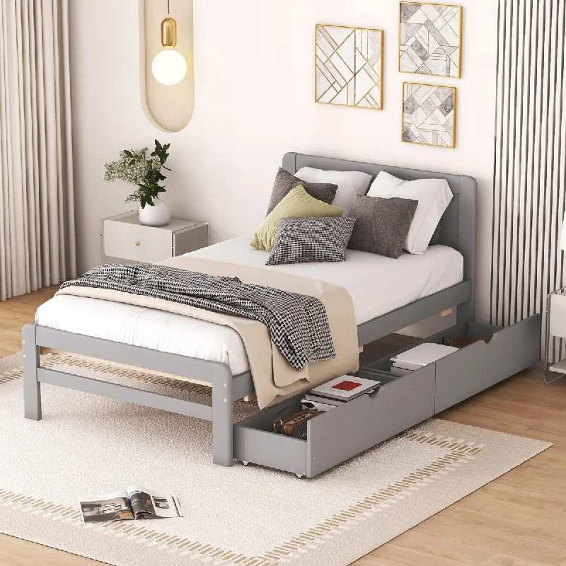 Grey Twin SizeModern Platform Bed Frame with Two Drawers, Offering Extra Storage Space and Sturdy Construction