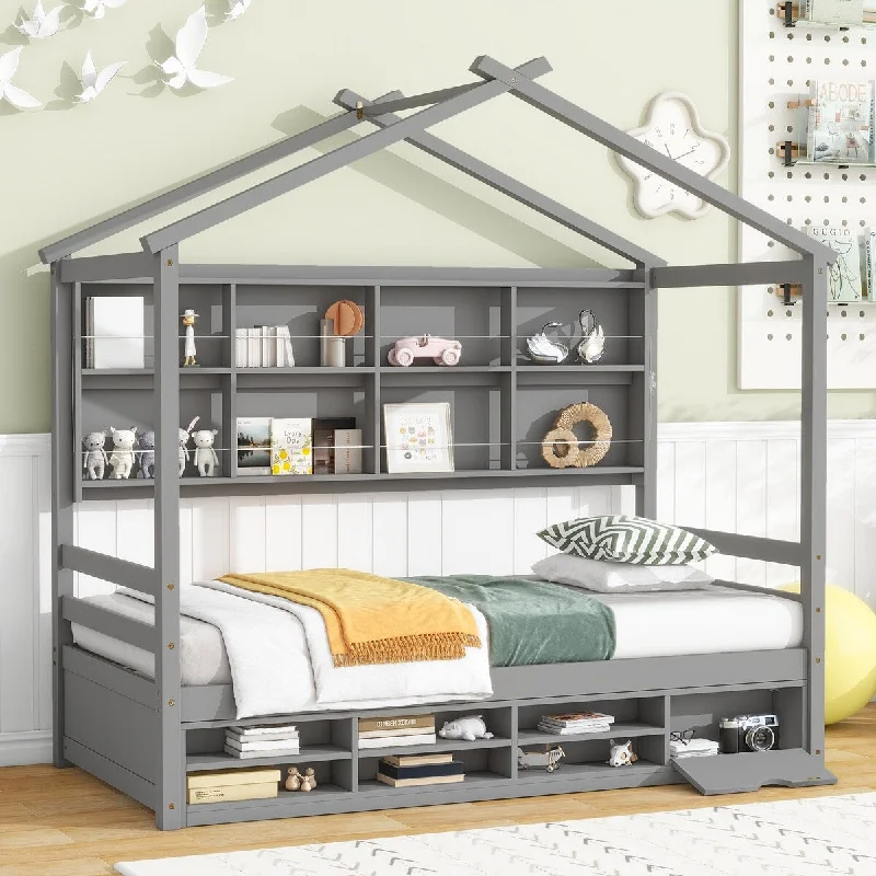 Grey Twin SizeWood House Bed with Roof