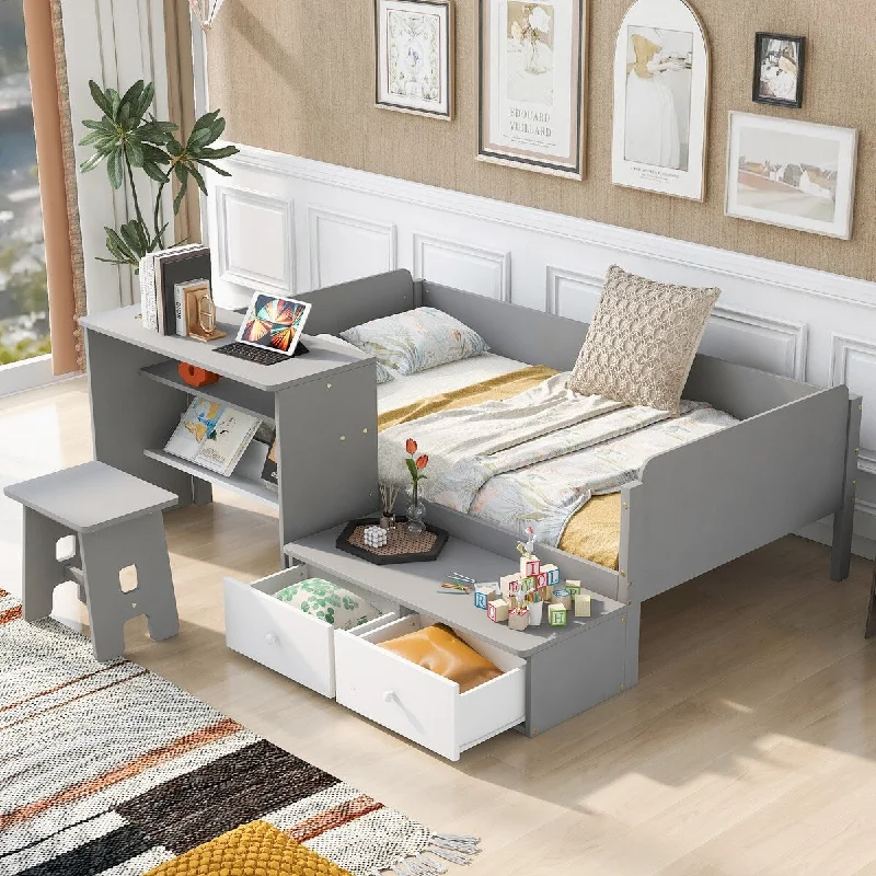 Grey Twin SizeWood Platform Bed with 2 Drawers and 1 Chair and Desk