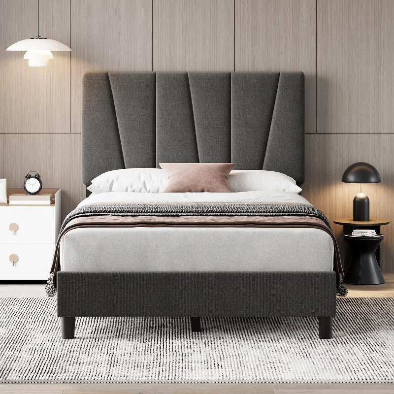 Grey Velvet Upholstered Platform Bed Frame with Wooden Slats