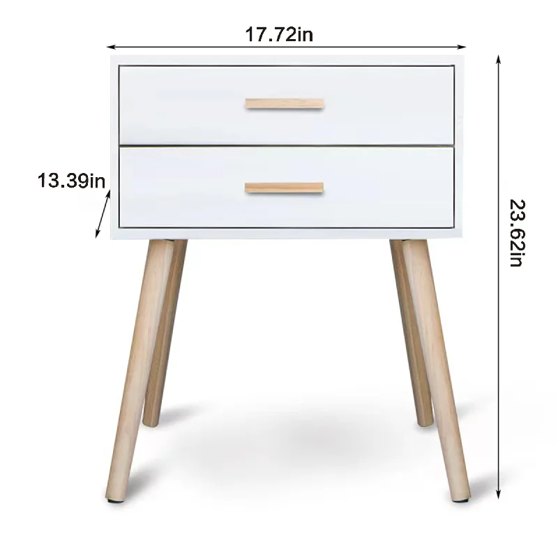 Home Furniture Nightstand White Bedside Table with Splayed Dowel Legs & 2 Drawers, Modern Living Room Bedroom Storage End Table