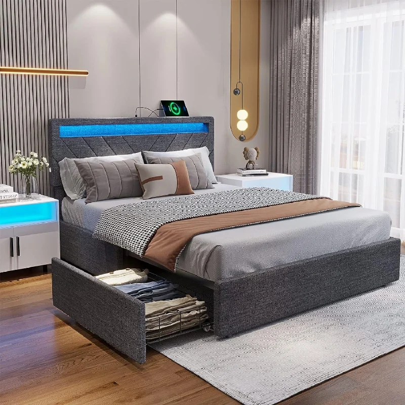 LED Queen Bed Frame with Drawers Upholstered Platform Bed