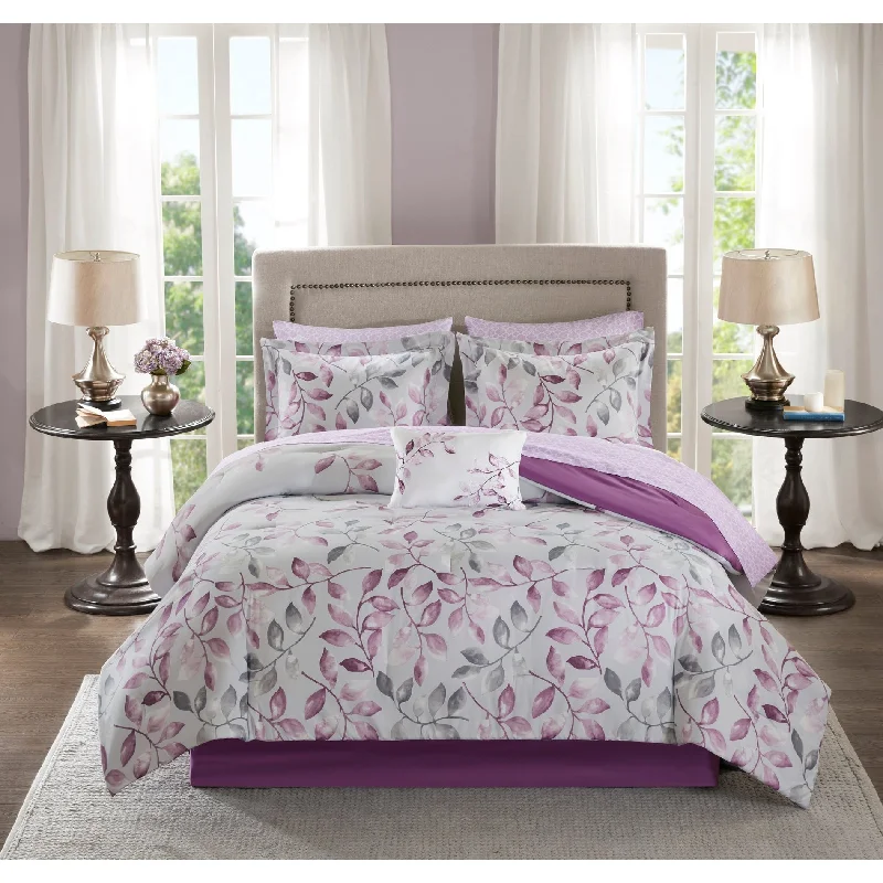 Madison Park Essentials Eden Purple Printed Complete Comforter Set with Cotton Bed Sheets