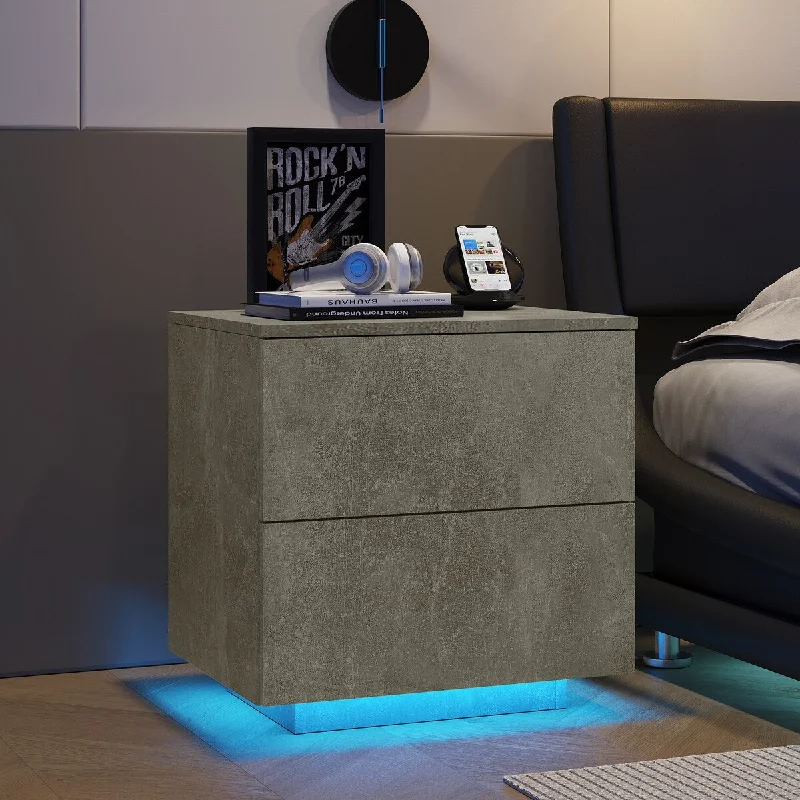 Nightstand with LED Strip Lights, Modern Bed Side Table with 2 Drawers, End Table