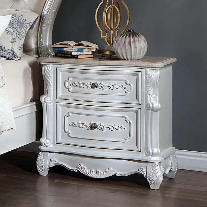 Pearl White Traditional 1pc Nightstand Only Solid wood 2-Drawers Round Knobs Bedside Table Genuine Marble Top