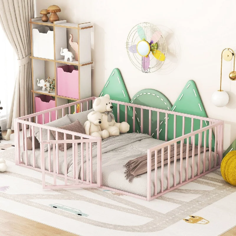 Pink Full Metal Floor Bed Frame with Fence