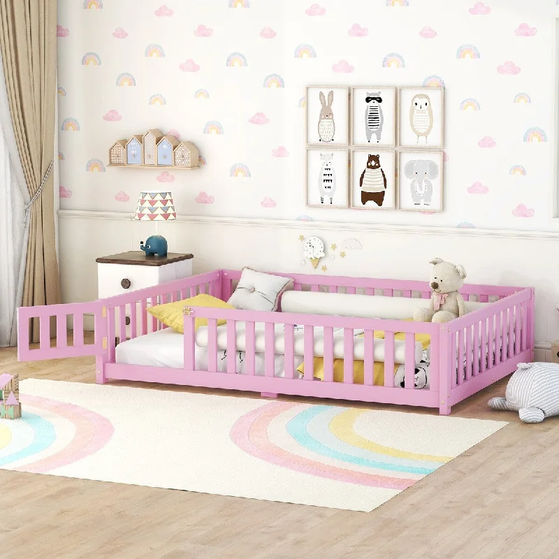 Pink Full Size Floor Bed for Kids with Guardrails and Door - Low Profile Design