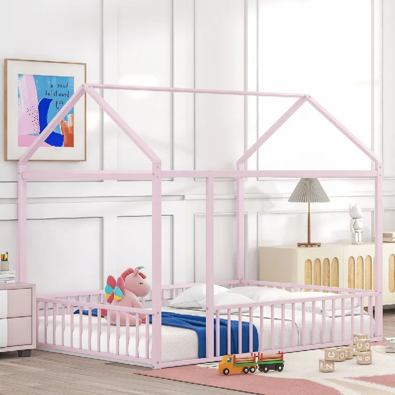 Pink Full Size Metal Bed House Bed Frame with Fence