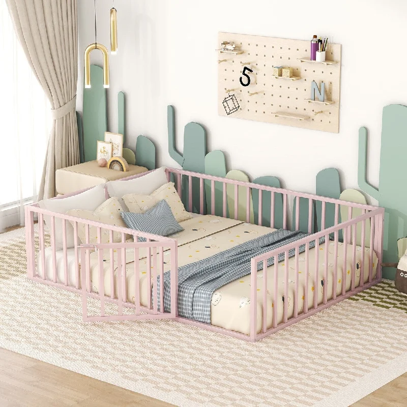 Pink Queen Size Metal Floor Bed Frame with Fence and Door - Toddler-Friendly Design